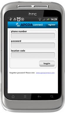 APCOA Connect  Android phone register page